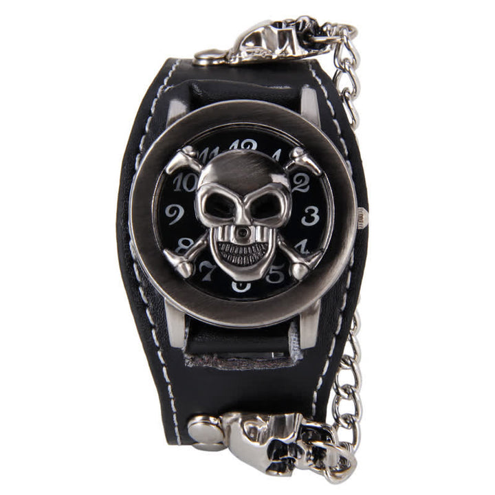Montre homme en cuir avec bracelet à rivets punk et cache tête de mort