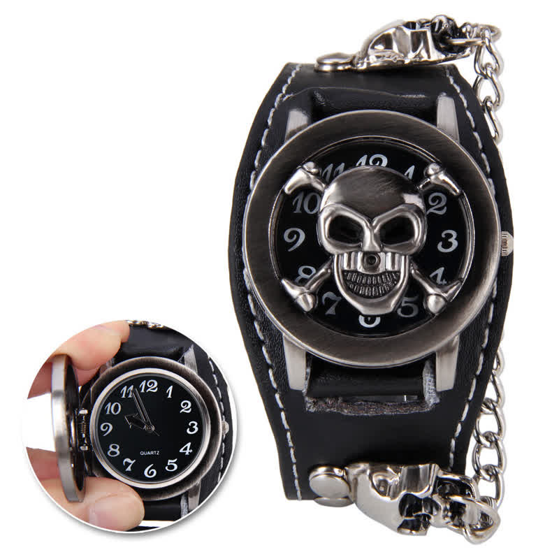 Montre homme en cuir avec bracelet à rivets punk et cache tête de mort