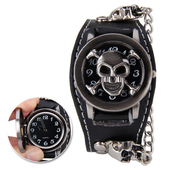 Montre homme en cuir avec bracelet à rivets punk et cache tête de mort