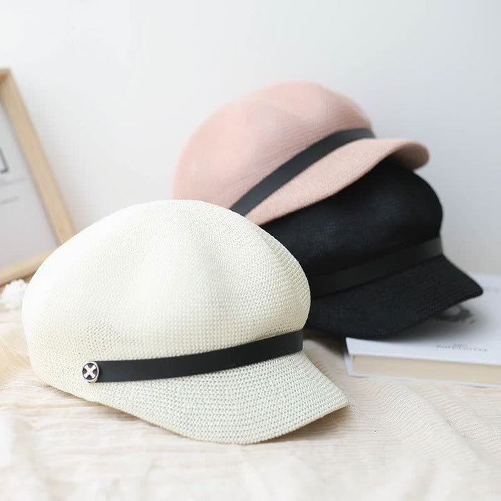 Béret octogonal en paille pour femme, élégant, avec bande en cuir noir