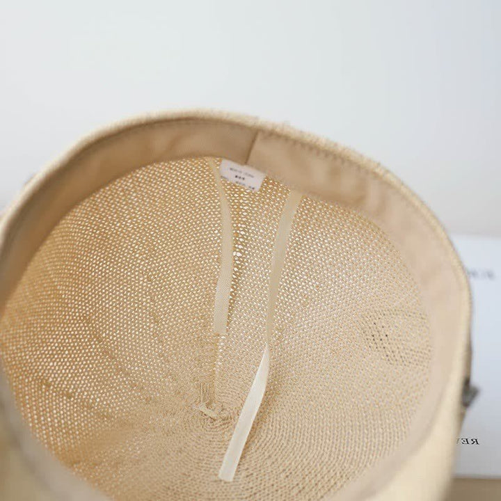 Béret octogonal en paille pour femme, élégant, avec bande en cuir noir