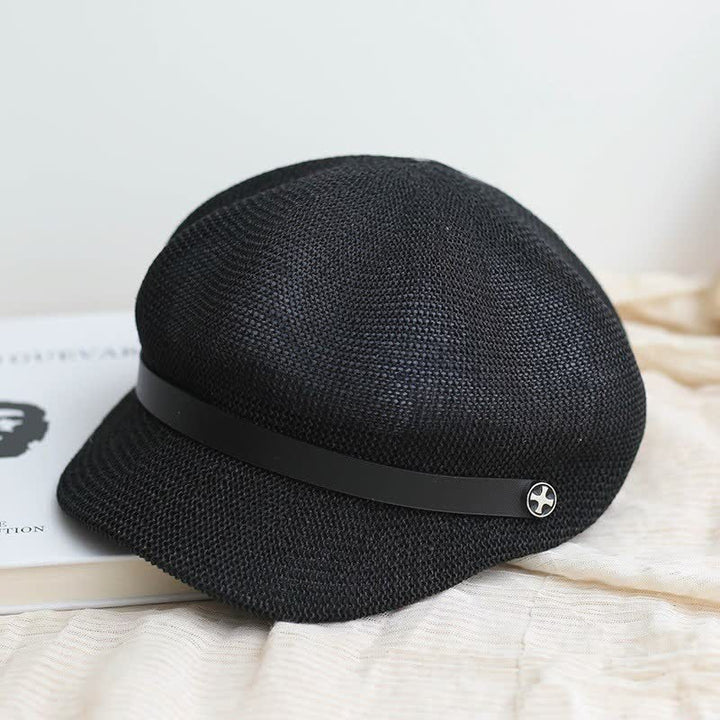 Béret octogonal en paille pour femme, élégant, avec bande en cuir noir