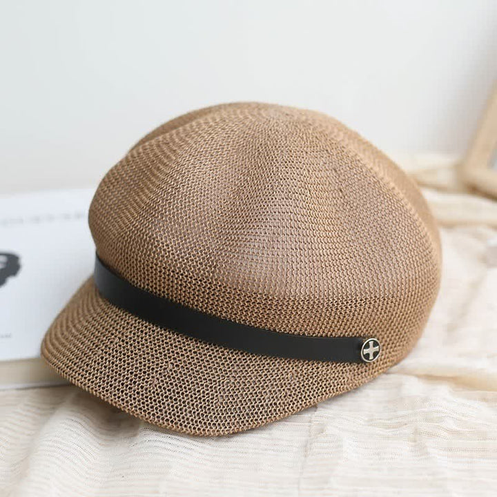Béret octogonal en paille pour femme, élégant, avec bande en cuir noir