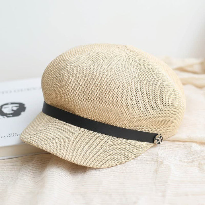 Béret octogonal en paille pour femme, élégant, avec bande en cuir noir