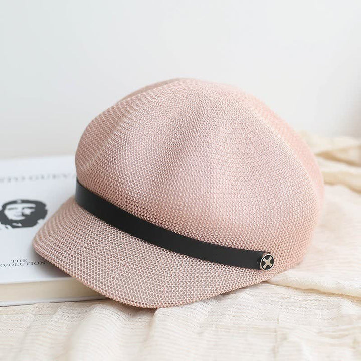 Béret octogonal en paille pour femme, élégant, avec bande en cuir noir