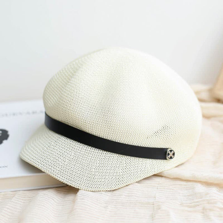 Béret octogonal en paille pour femme, élégant, avec bande en cuir noir