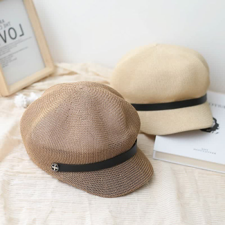 Béret octogonal en paille pour femme, élégant, avec bande en cuir noir