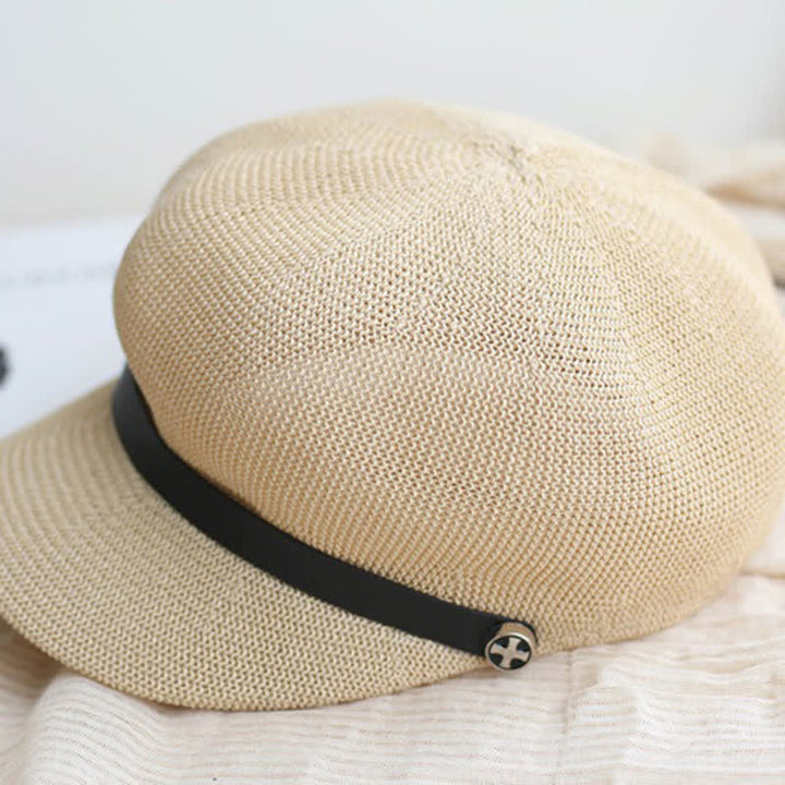 Béret octogonal en paille pour femme, élégant, avec bande en cuir noir
