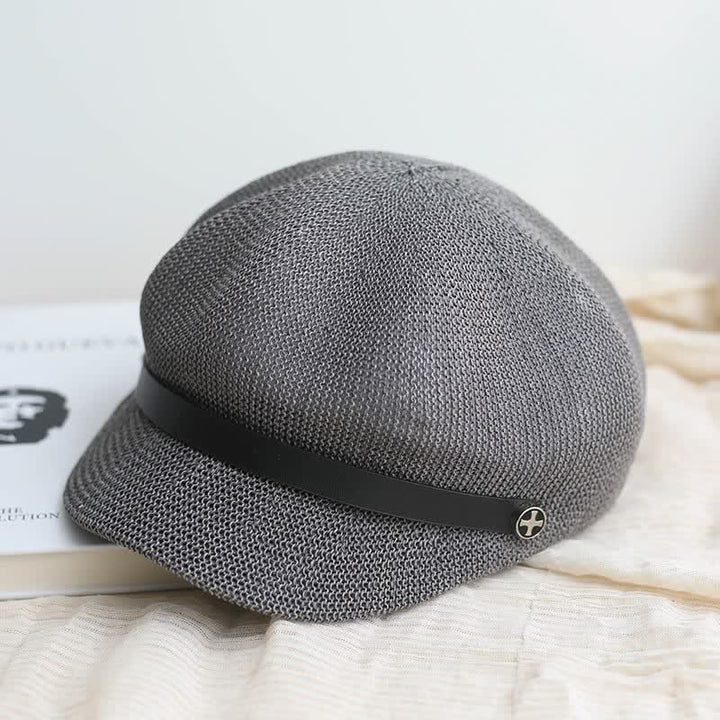 Béret octogonal en paille pour femme, élégant, avec bande en cuir noir