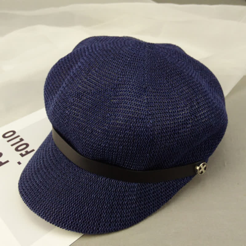 Béret octogonal en paille pour femme, élégant, avec bande en cuir noir