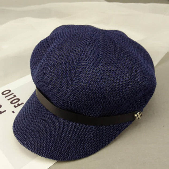 Béret octogonal en paille pour femme, élégant, avec bande en cuir noir