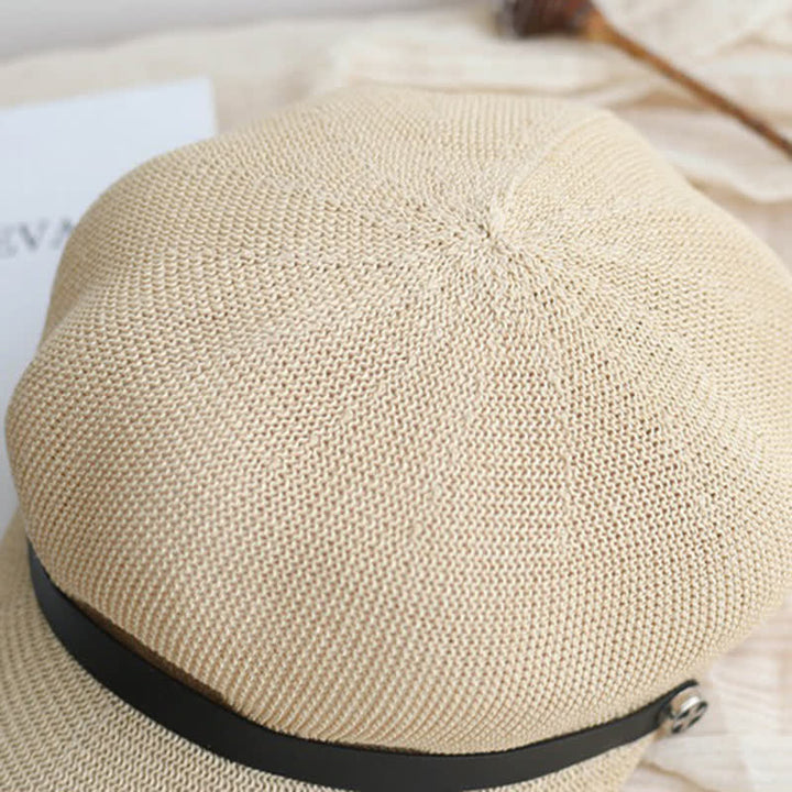 Béret octogonal en paille pour femme, élégant, avec bande en cuir noir
