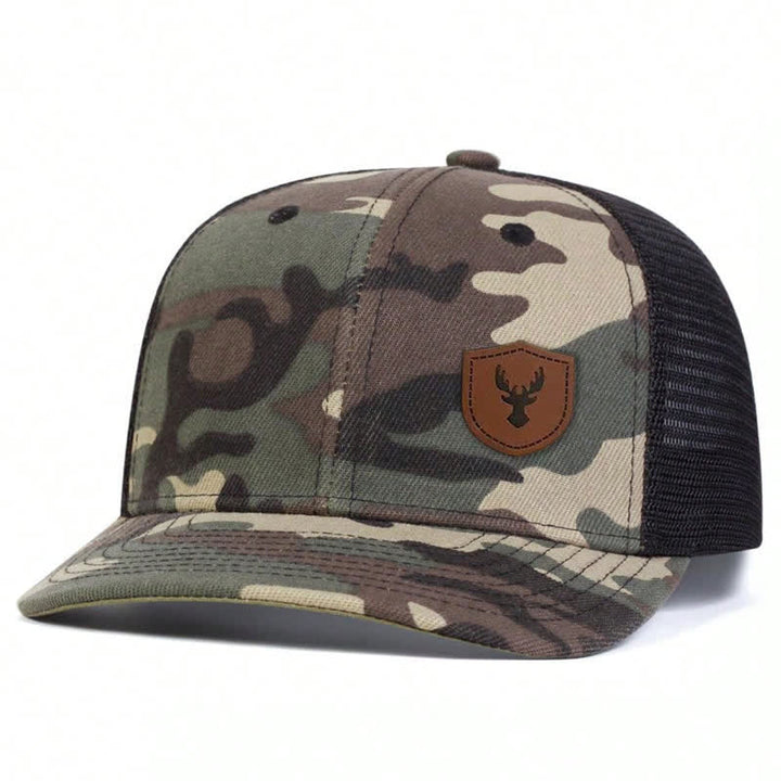 Petite casquette de camionneur avec patch en cuir marron et bois de cerf