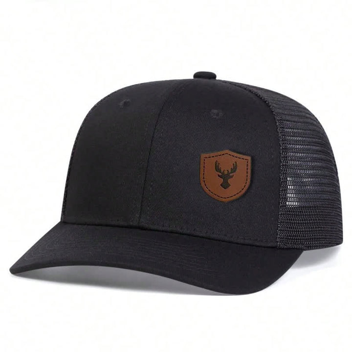 Petite casquette de camionneur avec patch en cuir marron et bois de cerf