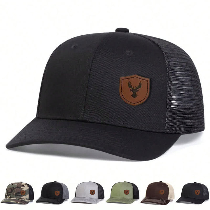 Petite casquette de camionneur avec patch en cuir marron et bois de cerf