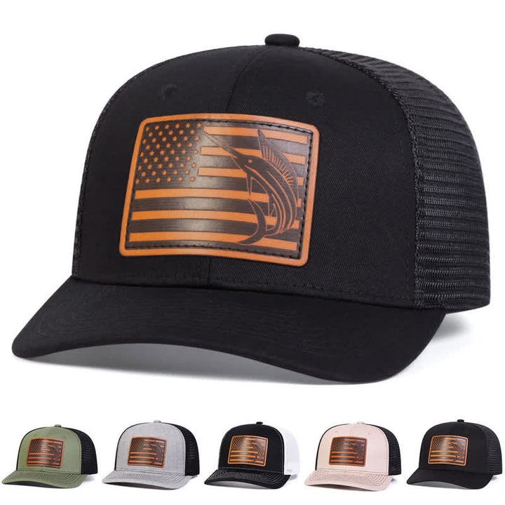 Casquette de camionneur avec patch en cuir et motif requin drapeau américain