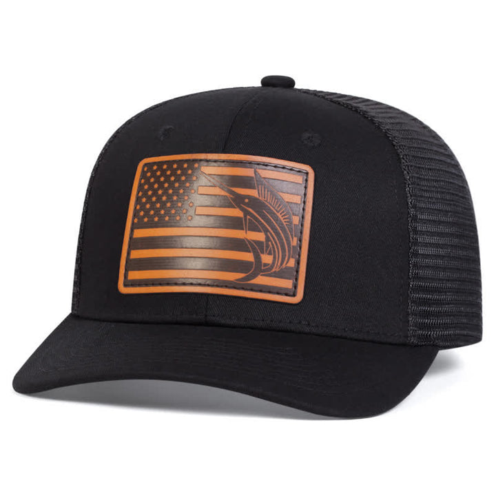 Casquette de camionneur avec patch en cuir et motif requin drapeau américain