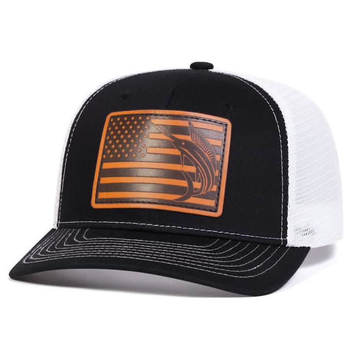 Casquette de camionneur avec patch en cuir et motif requin drapeau américain