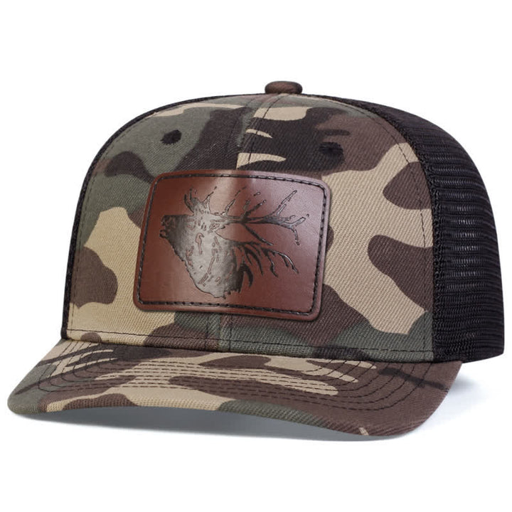 Casquette de camionneur avec patch en cuir et grosse tête de cerf