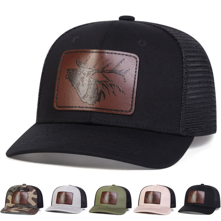 Casquette de camionneur avec patch en cuir et grosse tête de cerf