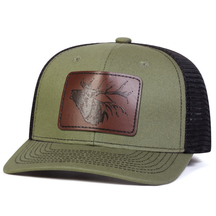 Casquette de camionneur avec patch en cuir et grosse tête de cerf