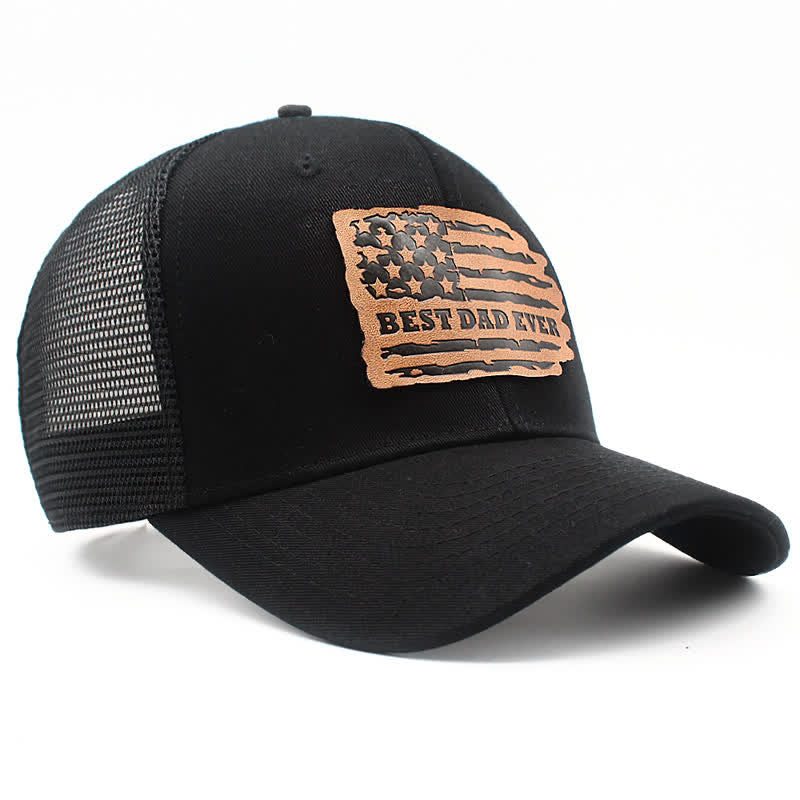 Casquette de camionneur avec patch en cuir et drapeau américain « Meilleur papa de tous les temps »