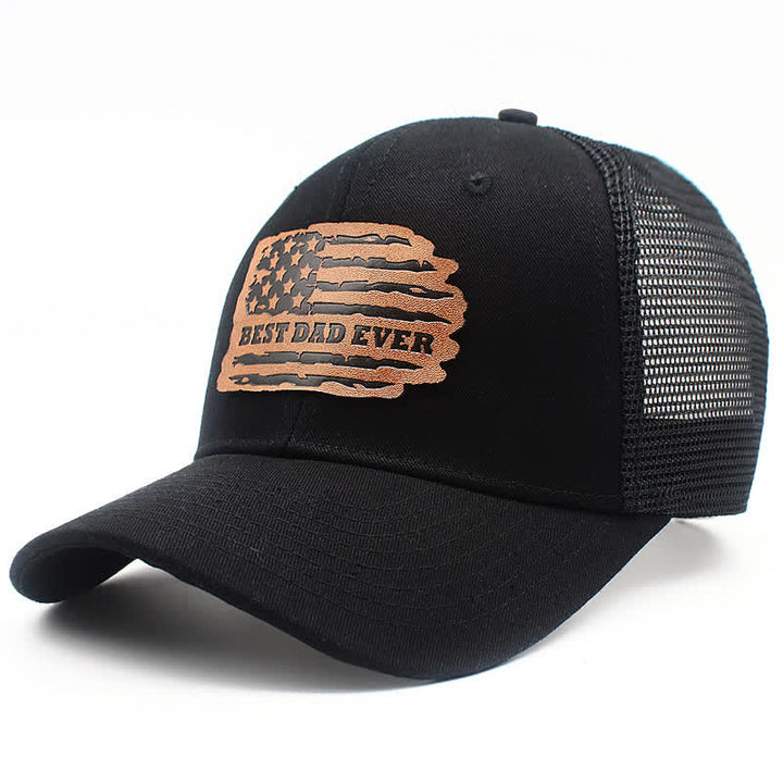 Casquette de camionneur avec patch en cuir et drapeau américain « Meilleur papa de tous les temps »