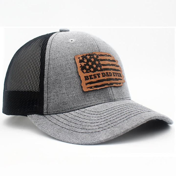 Casquette de camionneur avec patch en cuir et drapeau américain « Meilleur papa de tous les temps »