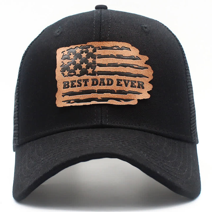 Casquette de camionneur avec patch en cuir et drapeau américain « Meilleur papa de tous les temps »