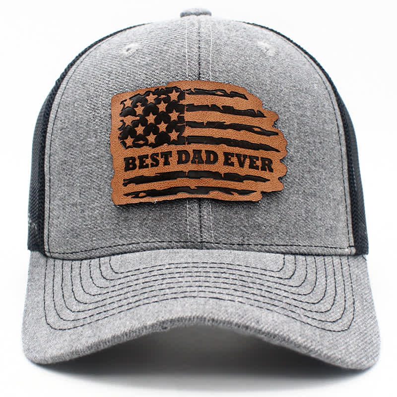 Casquette de camionneur avec patch en cuir et drapeau américain « Meilleur papa de tous les temps »
