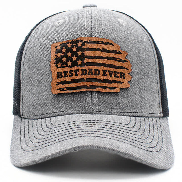 Casquette de camionneur avec patch en cuir et drapeau américain « Meilleur papa de tous les temps »