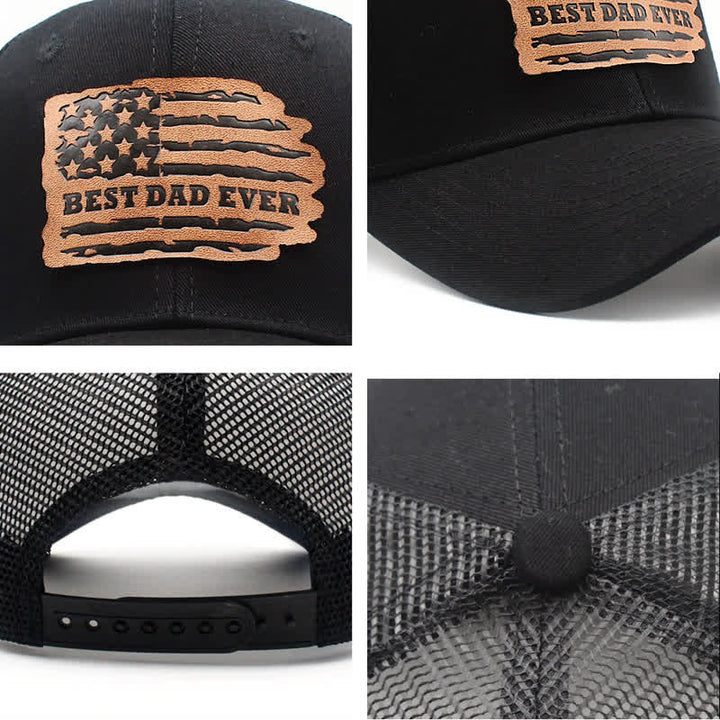 Casquette de camionneur avec patch en cuir et drapeau américain « Meilleur papa de tous les temps »