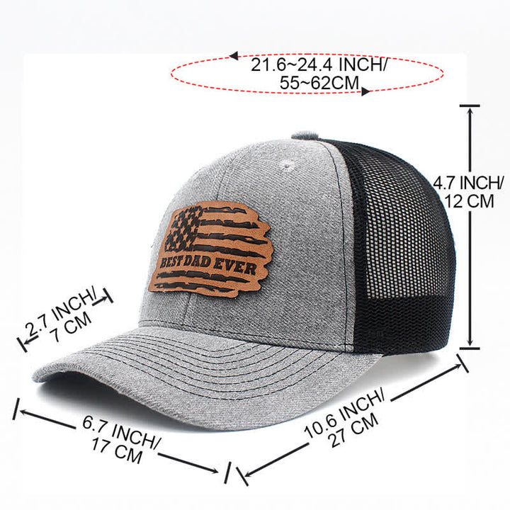 Casquette de camionneur avec patch en cuir et drapeau américain « Meilleur papa de tous les temps »
