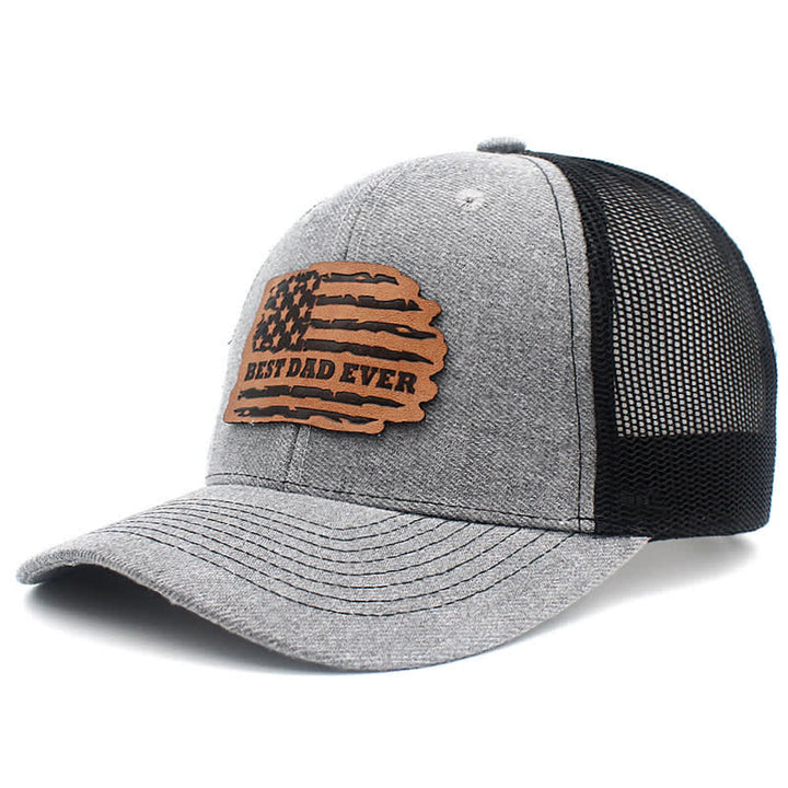 Casquette de camionneur avec patch en cuir et drapeau américain « Meilleur papa de tous les temps »