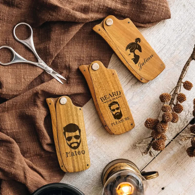 Peigne à barbe pliable en bois avec nom gravé personnalisé