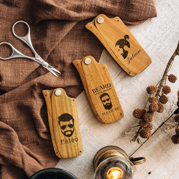 Peigne à barbe pliable en bois avec nom gravé personnalisé