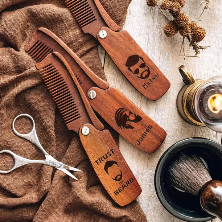 Peigne à barbe pliable en bois avec nom gravé personnalisé