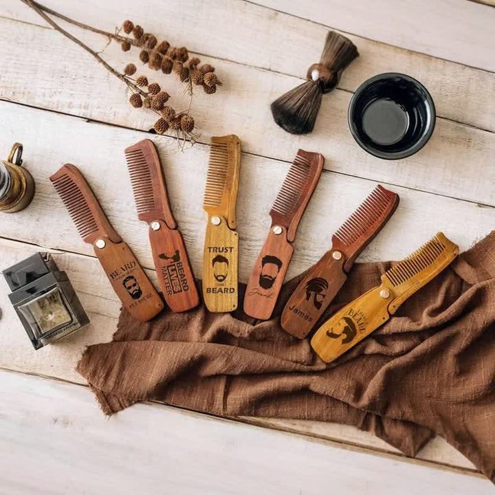 Peigne à barbe pliable en bois avec nom gravé personnalisé