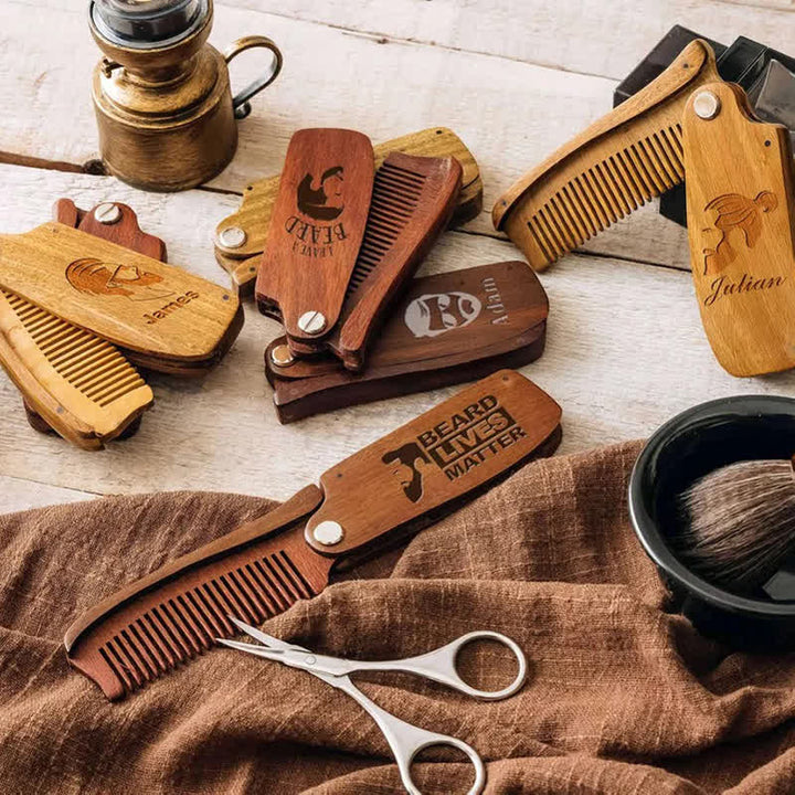 Peigne à barbe pliable en bois avec nom gravé personnalisé