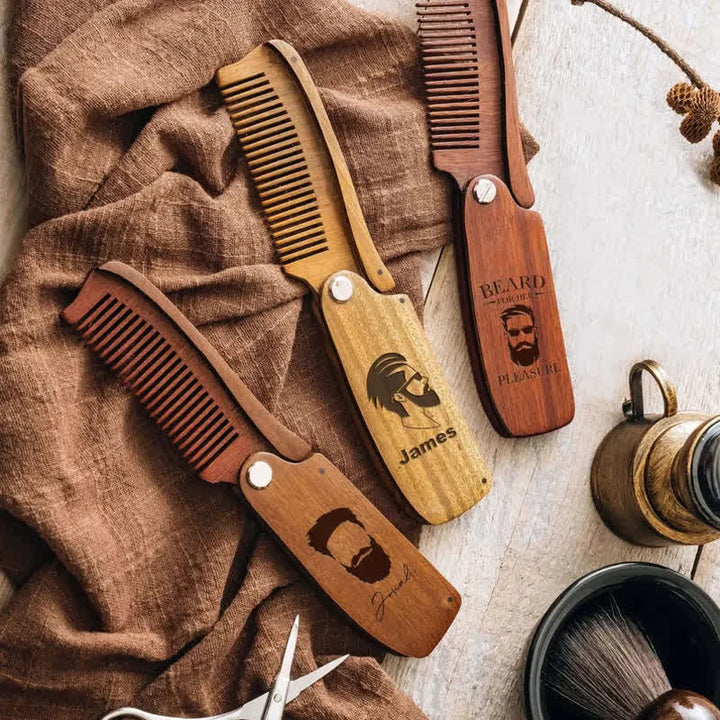 Peigne à barbe pliable en bois avec nom gravé personnalisé