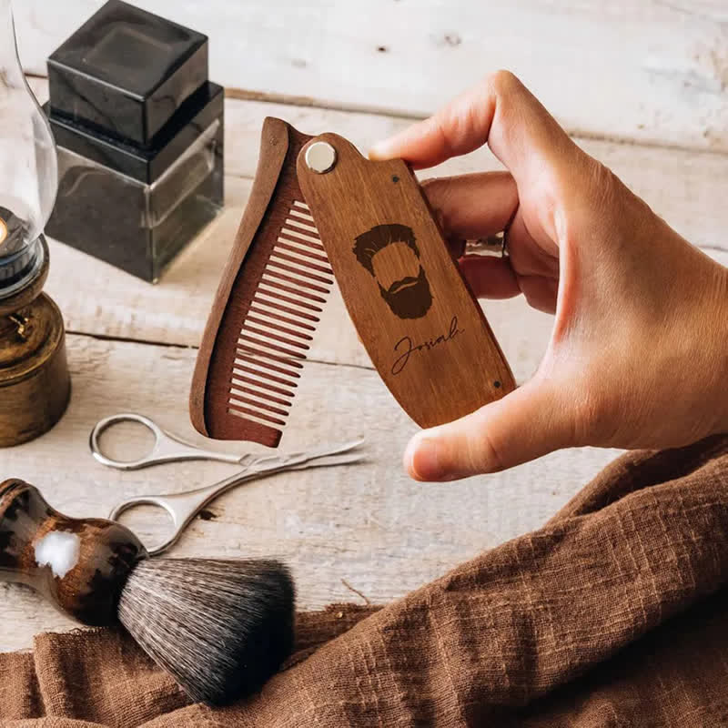 Peigne à barbe pliable en bois avec nom gravé personnalisé