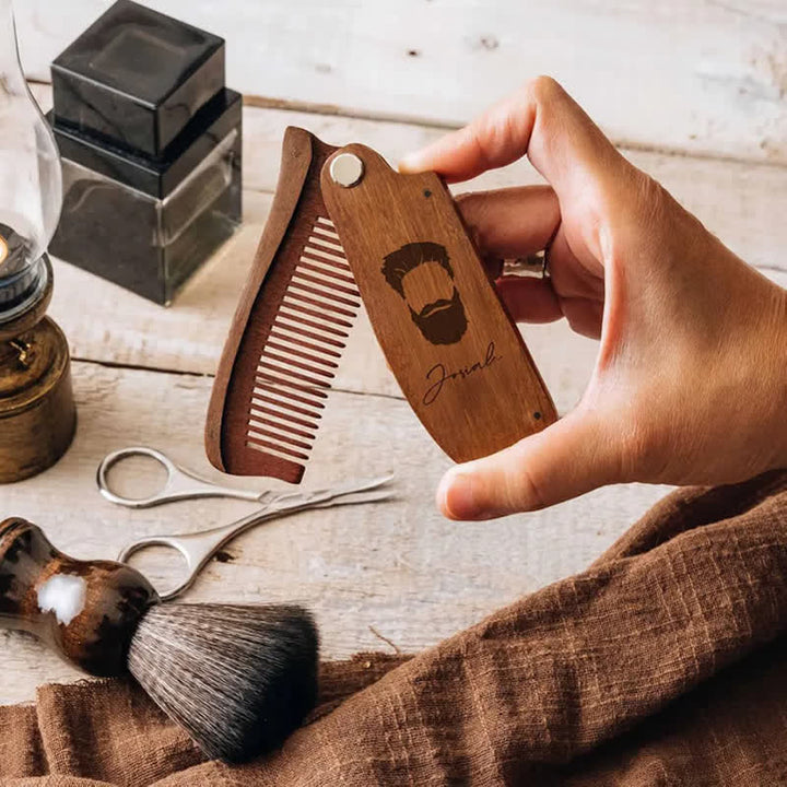 Peigne à barbe pliable en bois avec nom gravé personnalisé