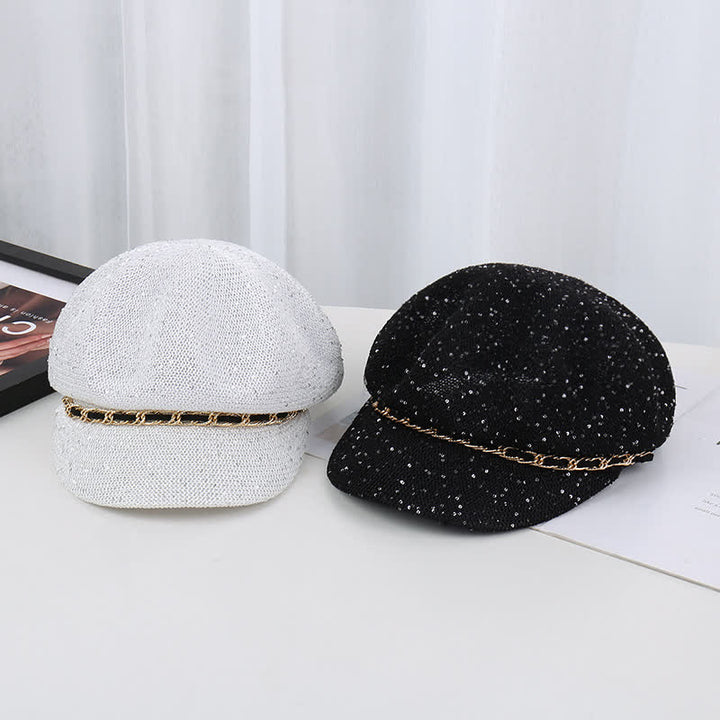 Béret octogonal en paille à paillettes et chaîne dorée pour femme
