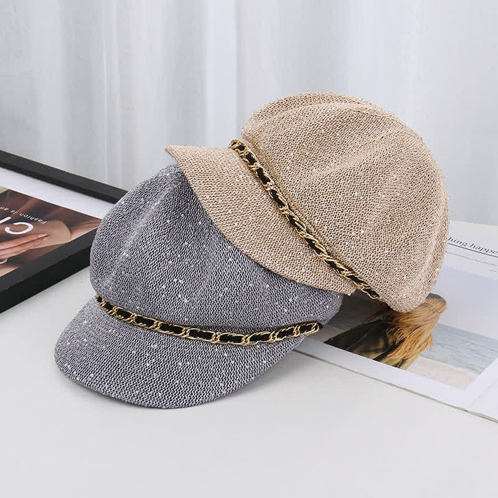 Béret octogonal en paille à paillettes et chaîne dorée pour femme