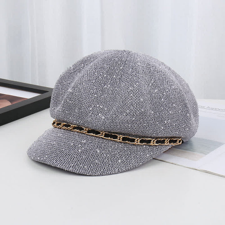 Béret octogonal en paille à paillettes et chaîne dorée pour femme