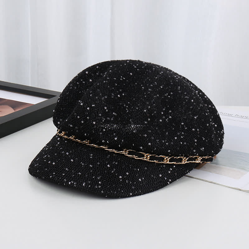 Béret octogonal en paille à paillettes et chaîne dorée pour femme