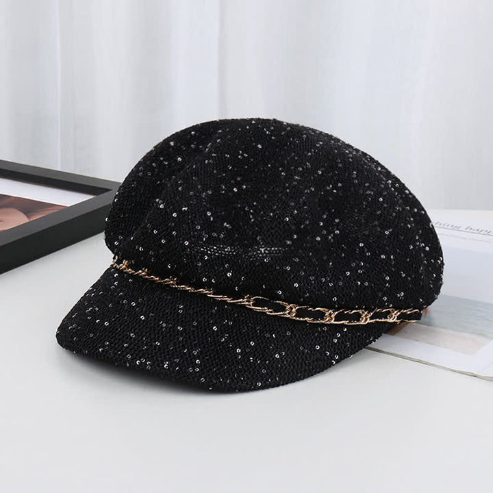 Béret octogonal en paille à paillettes et chaîne dorée pour femme