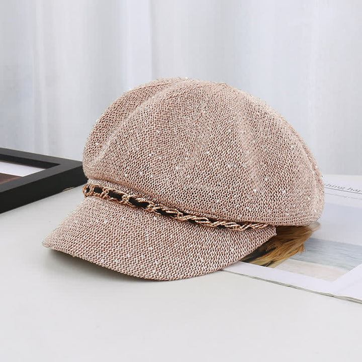 Béret octogonal en paille à paillettes et chaîne dorée pour femme