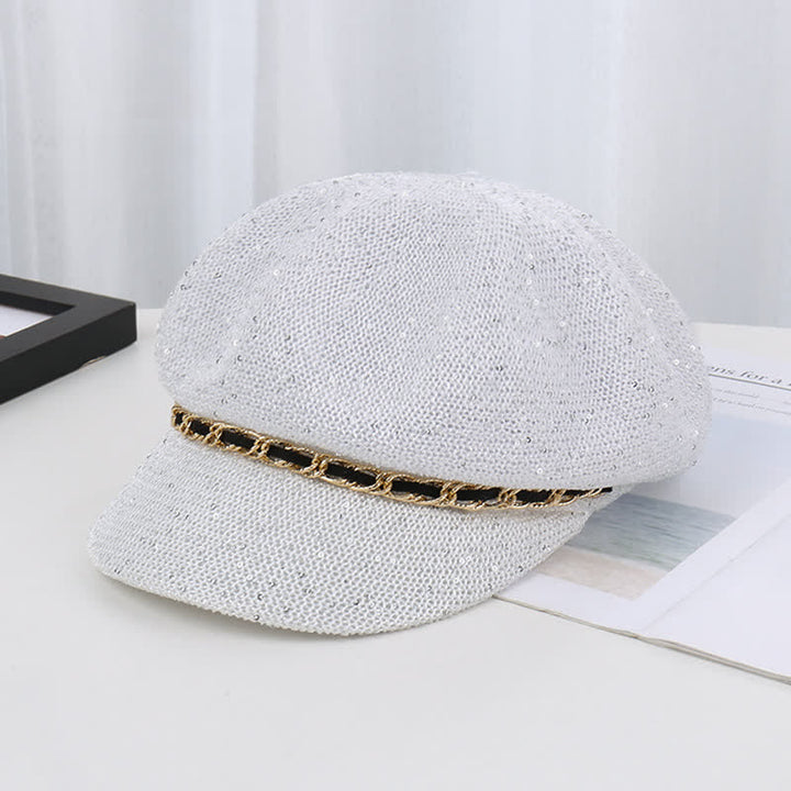 Béret octogonal en paille à paillettes et chaîne dorée pour femme