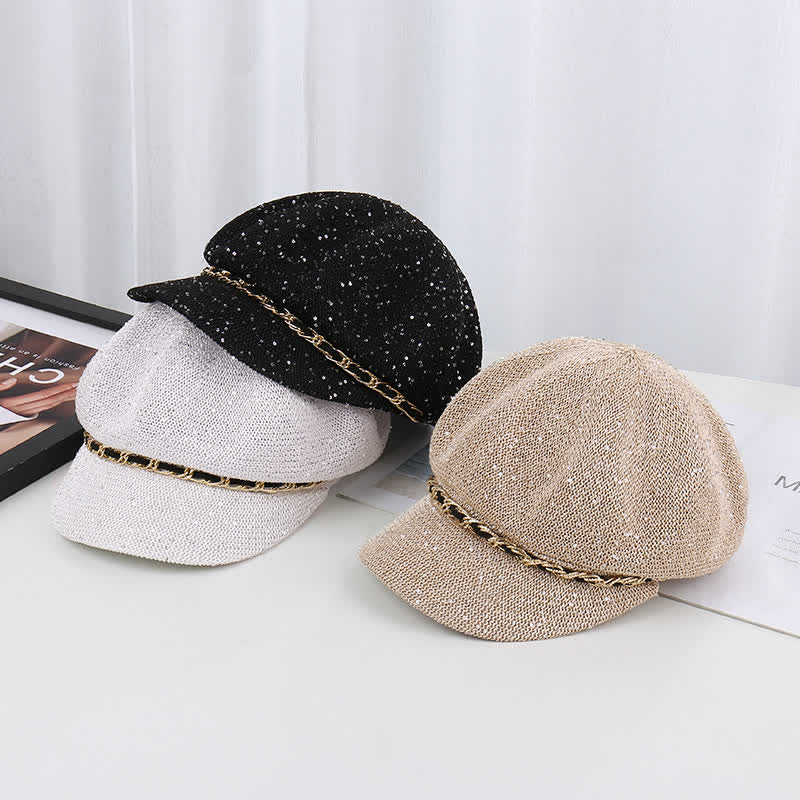 Béret octogonal en paille à paillettes et chaîne dorée pour femme